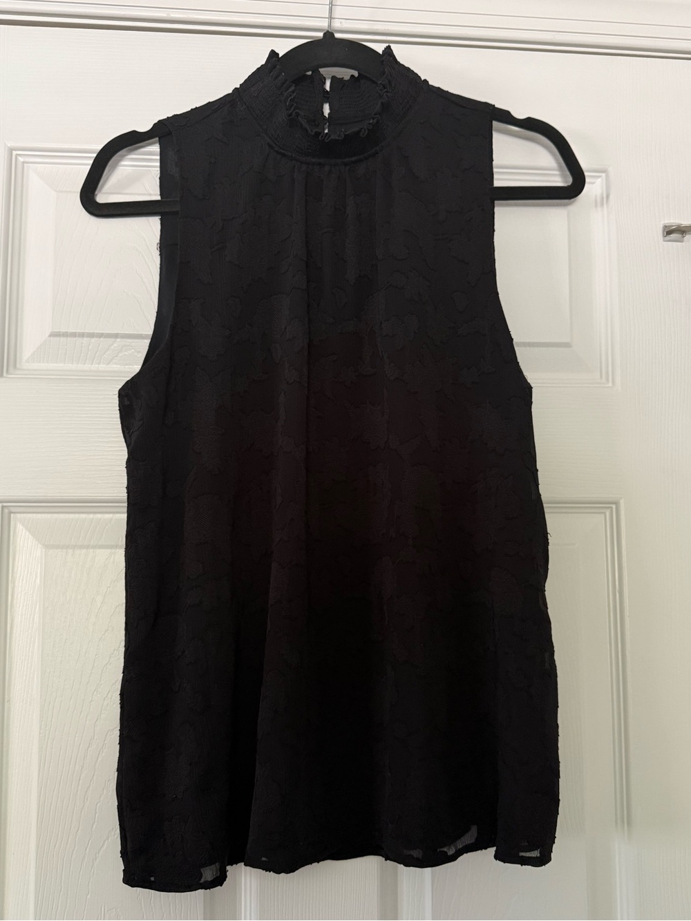 LOFT Black Sleeveless Mock Neck Top with Lace Detail
